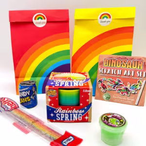 These Rainbow Birthday Party Bags come pre-filled with a delightful assortment bubbles, stickers, activity books,vegan candy and much more.
